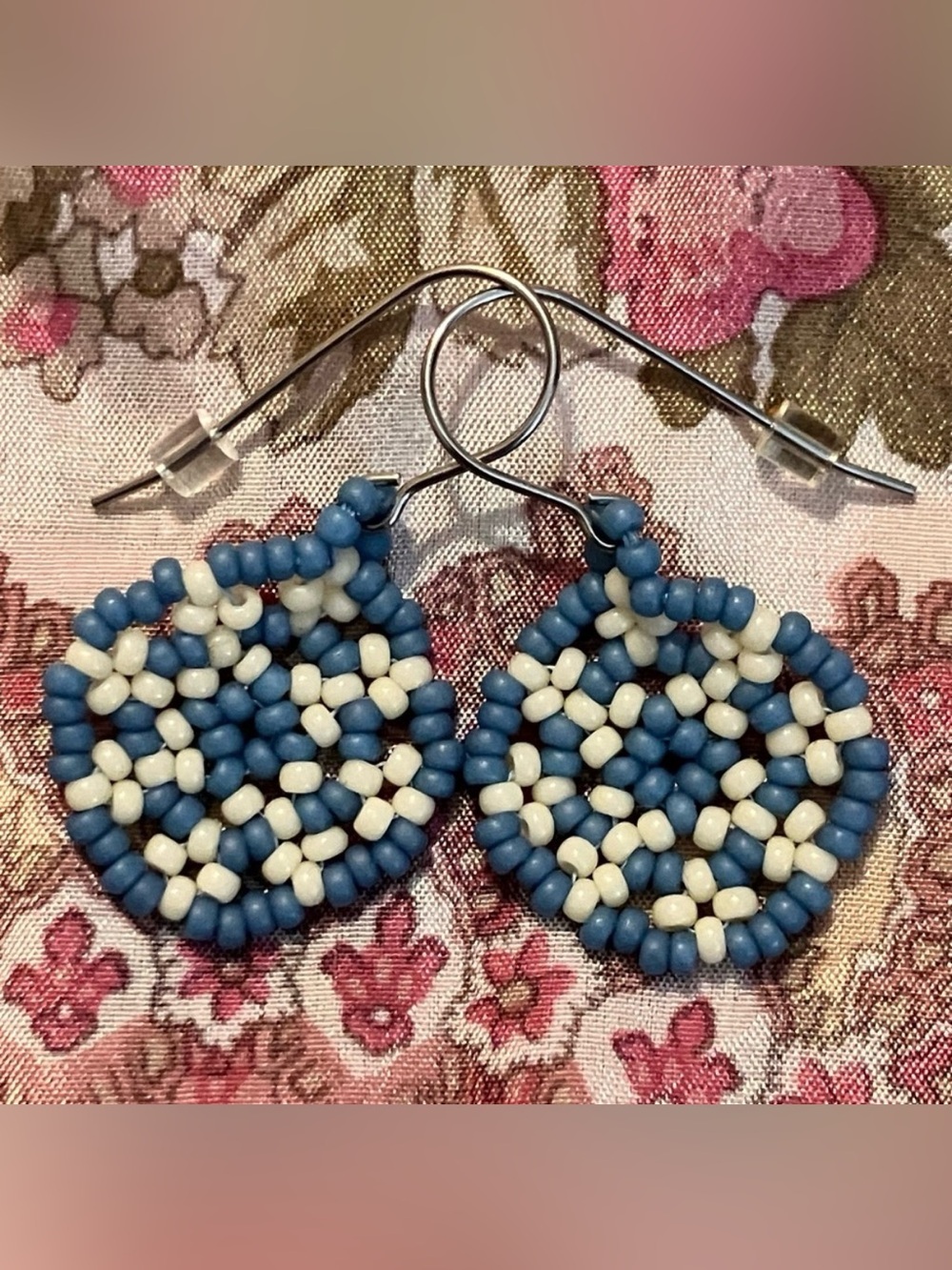 Handmade Miyuki Beaded Blue Cream Boho Mandala Artisan Earrings, Surgical Steel